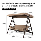 PURPLE LEAF Outdoor Patio Porch Swing Adjustable Backrest, 3-seat Swing Chair with Weather Resistant Steel Frame for Backyard Front Porch Lawn, Cushion and Pillows Included, Beige PURPLE LEAF