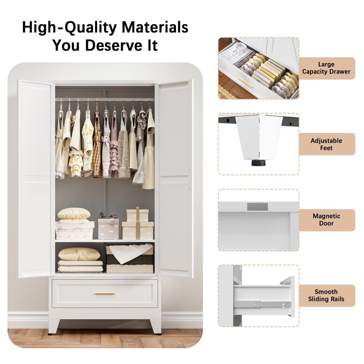 Metal Armoire Wardrobe Closet with Drawer, Farmhouse White Wardrobe Cabinets for Hanging Clothes,Rustic Barn Door Dasign 71" Tall Freestanding Armoire for Bedroom,Office,Laundry Room,Dormitorios XIOMIOHTRQ