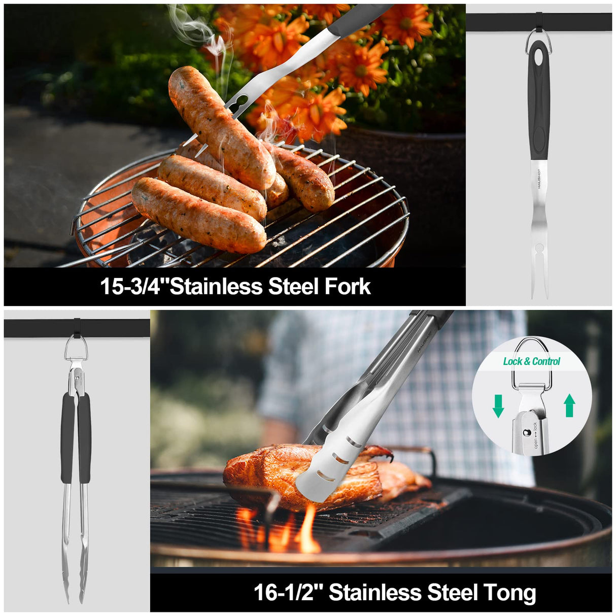 HAUSHOF Large Grilling Accessories, BBQ Grill Set, Heavy Duty Stainless Steel Barbecue Utensils with 16-1/2" Spatula, Brush, Fork, Tongs, Skewers, Thermometer, Bag, Ideal Gift, 15PCS HAUSHOF