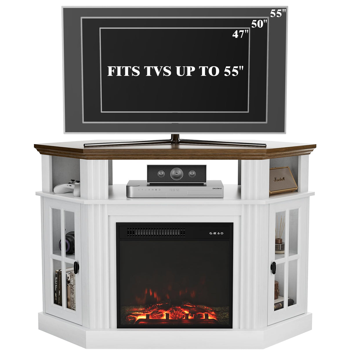 Furmax Fireplace Corner TV Stand for TV Up to 55 Inch, Modern TV Console with 18 Inch Electric Fireplace, Entertainment Center with Open Shelf and Storage Cabinets for Living Room, Antique White Furmax