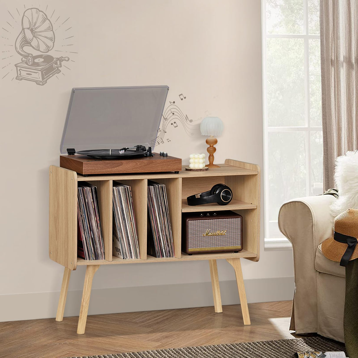 Lerliuo Record Player Stand with 4 Cabinet Holds Up to 220 Albums, Large Stand with Beech Wood Legs, Mid-Century Record Player Table,Burlywood Vinyl Holder Storage Shelf for Living Room Lerliuo