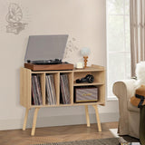 Lerliuo Record Player Stand with 4 Cabinet Holds Up to 220 Albums, Large Stand with Beech Wood Legs, Mid-Century Record Player Table,Burlywood Vinyl Holder Storage Shelf for Living Room Lerliuo