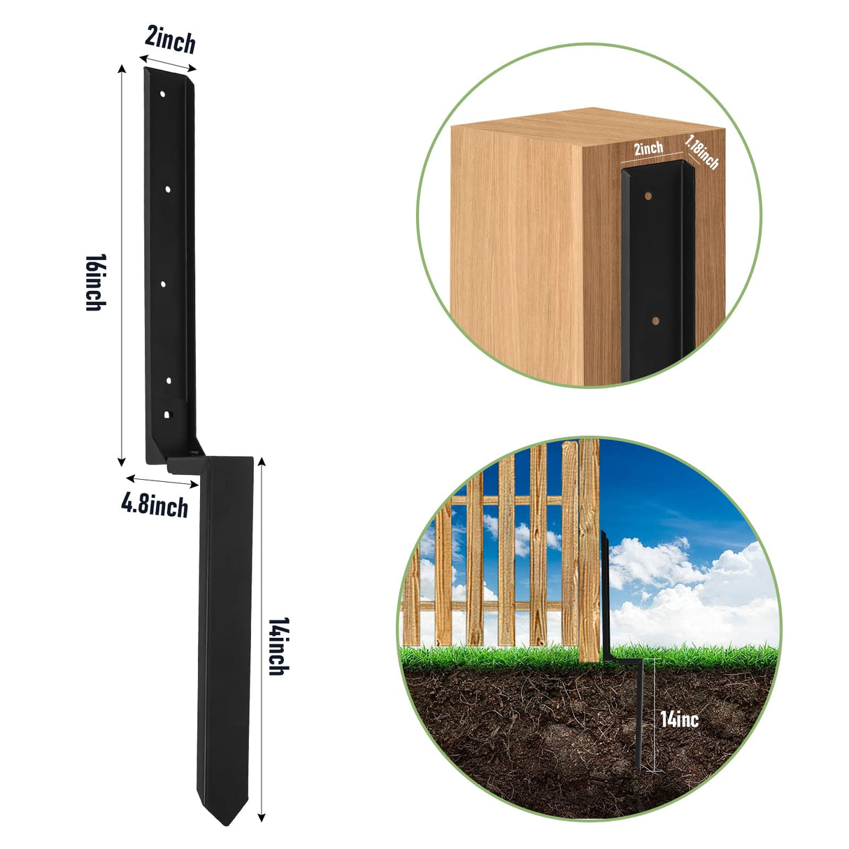 Nrspp Heavy Duty Steel Fence Post Repair Stakes, 2 Pcs Fence Post Anchor Single Ground Spike for Repair Tilted/Broken Wood Fence Post Black Nrspp