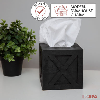 Ilyapa Wood Tissue Box Cover Farmhouse X Patterned- Rustic Farmhouse Black Wood Tissue Holder