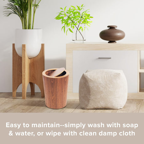 Modern Round Trash Can with Lid,Solid Real Wood Waste Basket in Walnut,8L/2.1Gal,9.25"x7.5"x11.8" Swing Top Small Trash Can, Living Room, Office & Bathroom Farmhouse Loft Wooden Style Primo Supply
