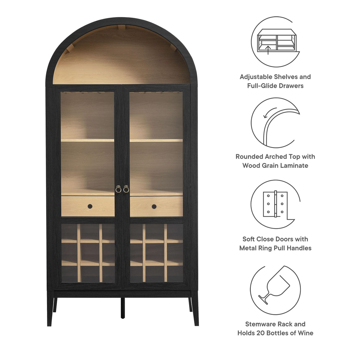 Modway Nolan Modern Farmhouse Arched Bar Cabinet in Black Wood Grain - 72 Inch Tall Wine Storage Cabinet with Glass Doors and Wine Rack - Large Liquor Cabinet for Dining or Living Room Modway