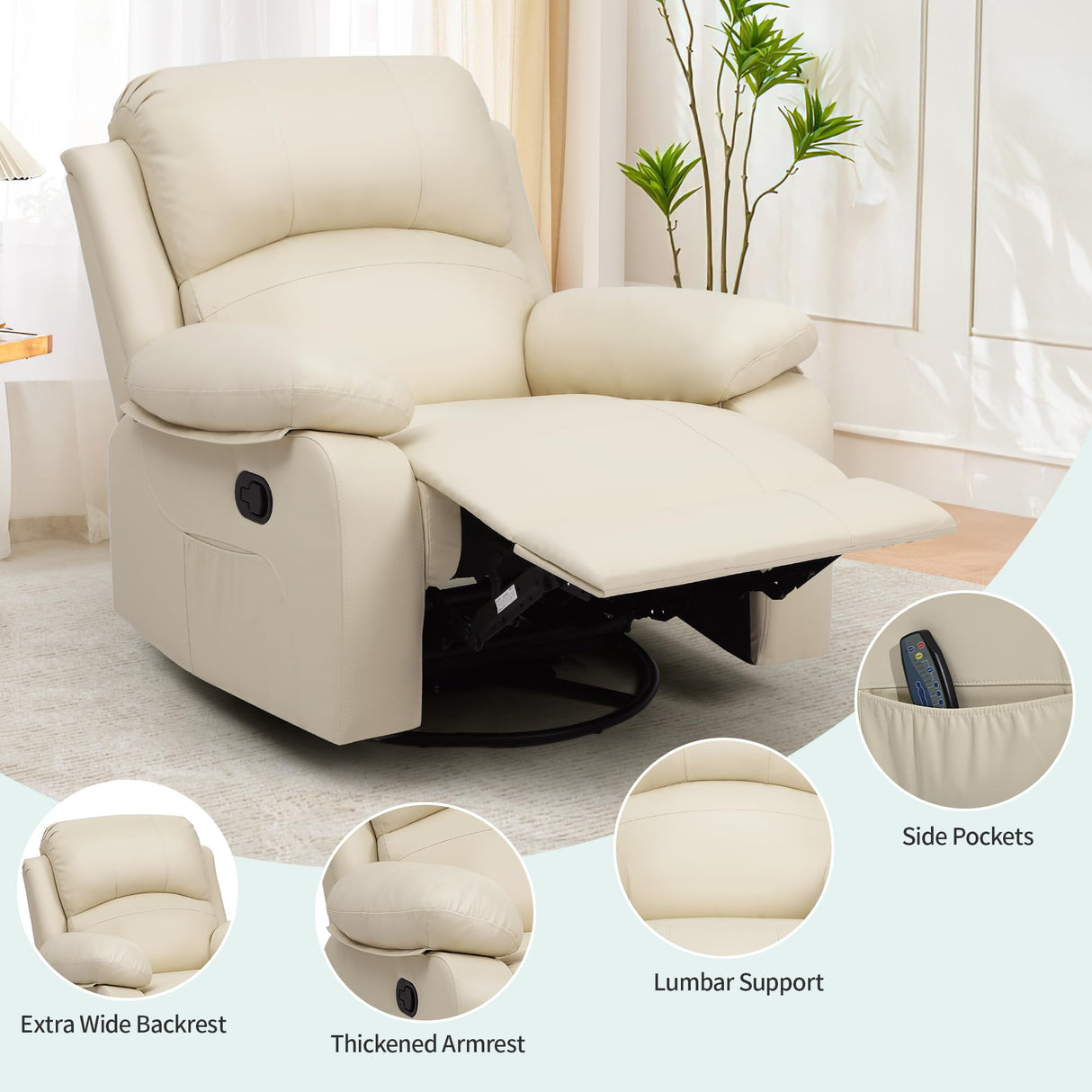 DWVO Rocker Recliner Chair with Heat and Massage, Manual Reclining Chair with Overstuffed Armrest, Rocking Function and Side Pocket, Faux Leather Recliner for Living Room,Brown, Biege DWVO