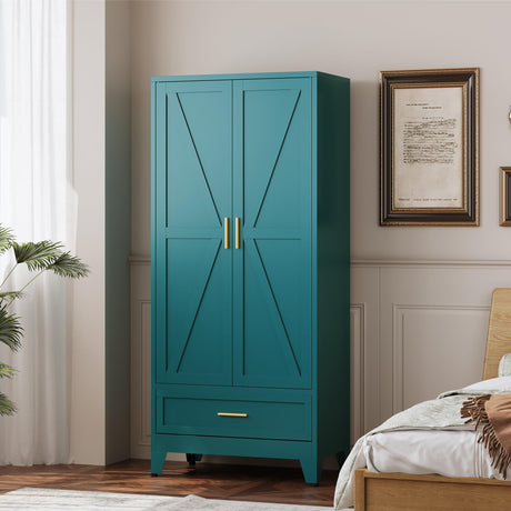 QINPTWUT 71" Large Capacity Metal Wardrobe with 1 Drawers and Adjustable Shelf - Heavy Duty Steel Storage Cabinet for Bedroom, Office,Laundry Room,Bedroom and More (Blue, 71" - 1 Drawer) QINPTWUT