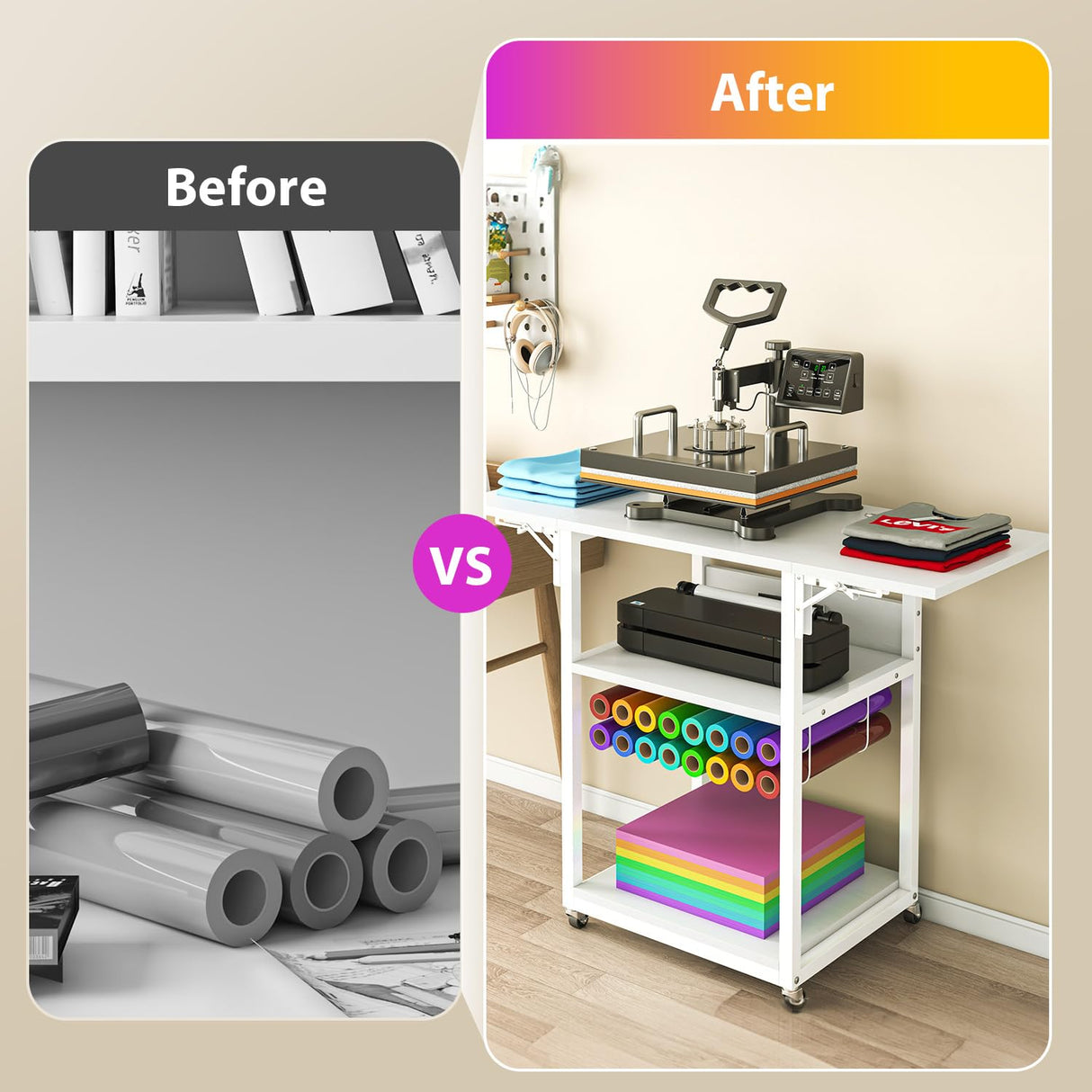 Foldable Heat Press Stand with Charging Station, 3 Tier Movable Heat Press Table with Vinyl Roll Holder, Heavy Duty Metal Shelf Cart for DIY Sublimation Transfer Machine and Printer, White knoworld