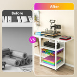 Foldable Heat Press Stand with Charging Station, 3 Tier Movable Heat Press Table with Vinyl Roll Holder, Heavy Duty Metal Shelf Cart for DIY Sublimation Transfer Machine and Printer, White knoworld