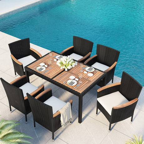 Quarte 7 Piece Outdoor Patio Dining Set, PE Rattan Wicker Dining Table and Chairs Set with Acacia Wood Tabletop and Stackable Armrest Chairs/Water-Proof Cushions Quarte