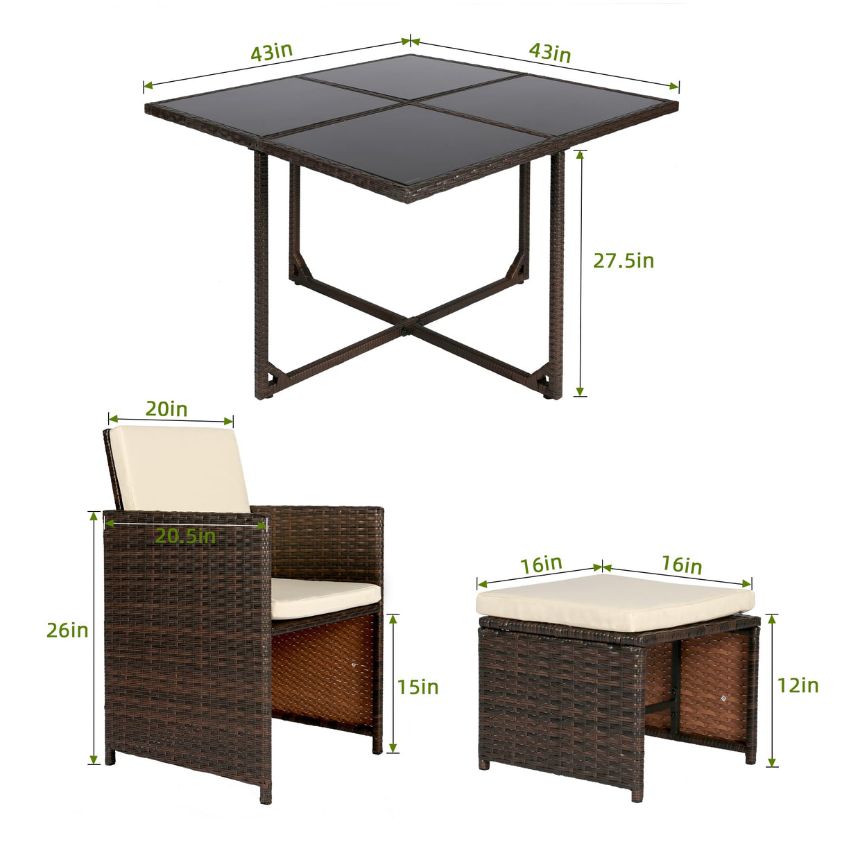 LHBcraft 9 Pieces Patio Dining Sets Outdoor Conversation Sets, Space Saving Wicker Chairs with Glass Table and Ottomans, Cushioned Seating and Back Sectional Dining Sets(BR-BE) LHBcraft