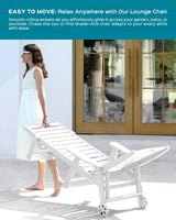 Lounge Chair Outdoor, Oversized Chaise Lounge Chair with 5 Positions, HDPE, Patio Lounge Chair with Wheels & Cup Holder for Pool, Deck, Poolside, White Ciokea