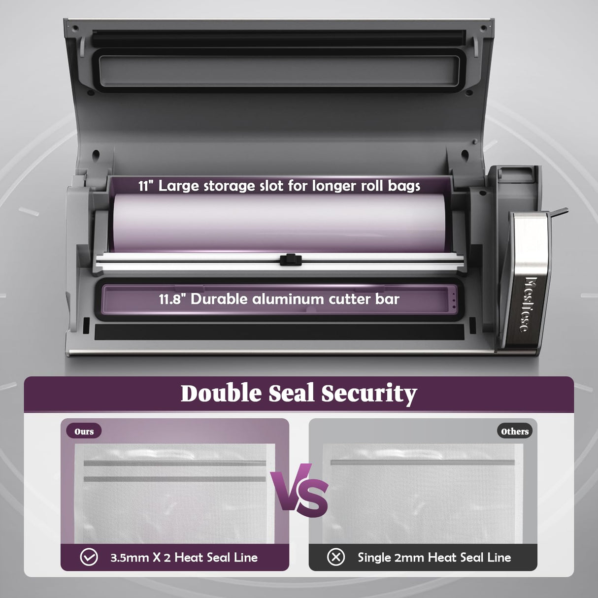 Mesliese Vacuum Sealer Machine, Powerful 95kPa 140W One Hand Operation Food Sealer, Double Seal Strip with Build-in Cutter & Countdown Display, 2 Bag Rolls, 5PCS Pre-cut Bags, PULSE & Marinate Mesliese