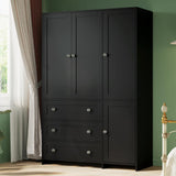 VOWNER Armoire Wardrobe Closet with Drawers and Mirror, 71" Clothing Storage Cabinet with Hanging Rod, 4 Doors Wooden Wardrobe Cabinet for Bedroom, Large Capacity Storage, Black VOWNER
