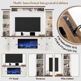 AMERLIFE 98in Farmhouse Entertainment Center with 36" Fireplace, TV Stand, Bookshelf, Wine Cabinet, Fits 78" TVs, Wall Unit Media Console with Power Outlets & Barn Doors, Living Room, Distressed White AMERLIFE