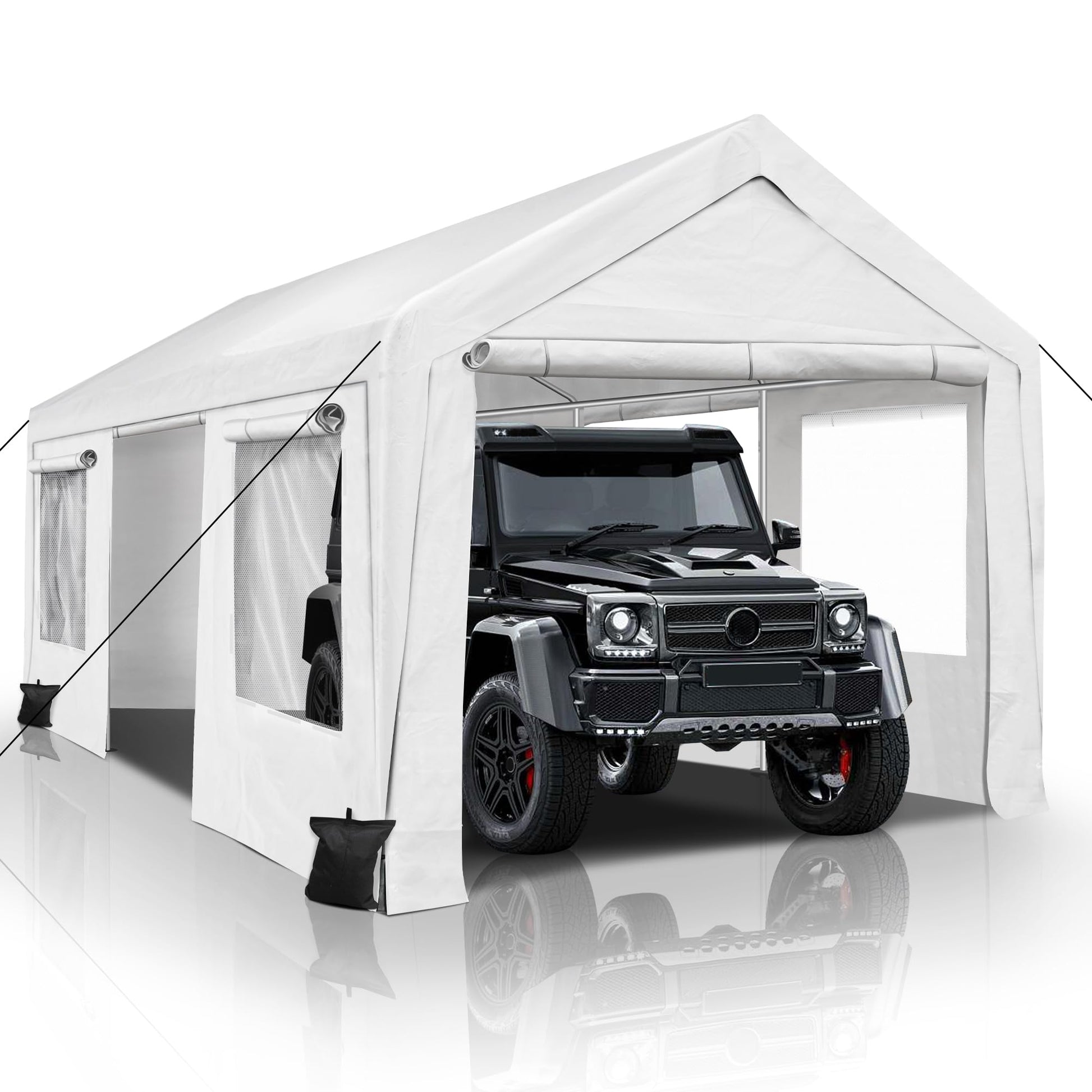 QZEN Carport 10x20ft Portable Garage, Heavy Duty Car Canopy with Roll-up Ventilated Windows & Side Doors, Car Port for SUV, F150, Car, Truck, Boat (10' x 20'White) - WoodArtSupply