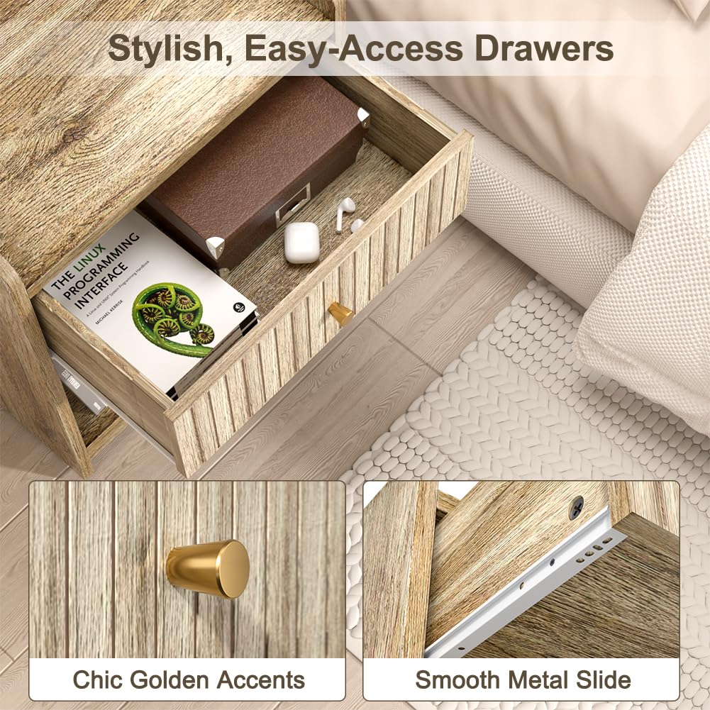 Nidouillet Nightstands Set of 2, Bedside Tables with Drawer, Night Stand Bed Side End Table with Open Storage for Farmhouse Bedroom Living Room Small Space Nidouillet