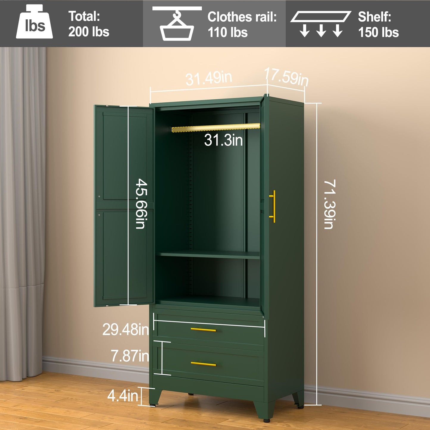 RISTERN 71” Metal Storage Cabinet with 2 Doors, 1 Adjustable Shelf and 2 Draws, Armoire Wardrobe Closet with Hanging Rods for Home Office, Bedroom, Living Room (Green) - WoodArtSupply