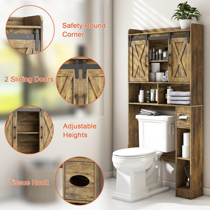 Over The Toilet Storage Cabinet, Farmhouse Storage Cabinet Over Toilet with Sliding Doors & Toilet Paper Holder Stand，Home Space-Saving Toilet Rack, for Bathroom, Restroom, Laundry