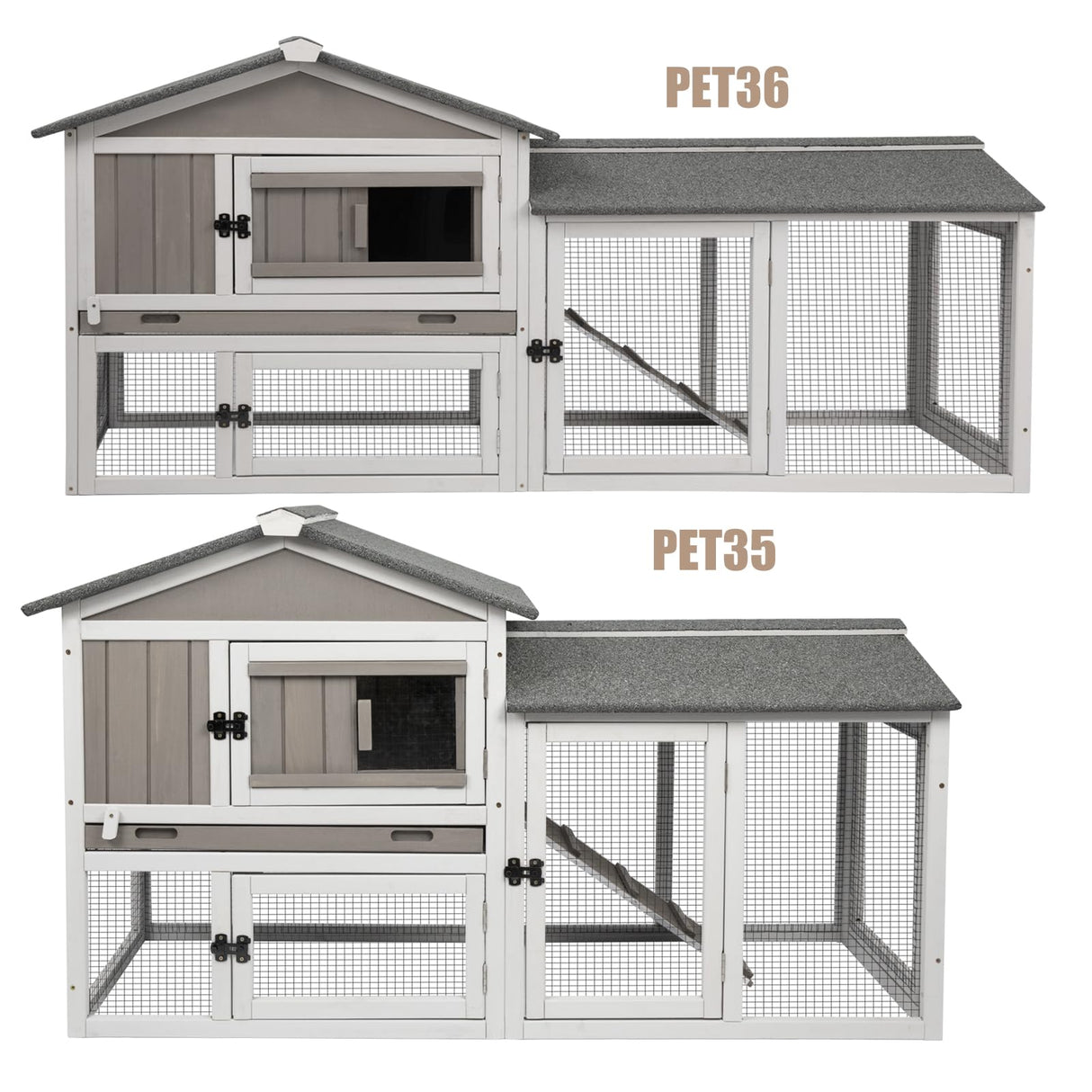 Gowoodhut Rabbit Hutch Indoor Outdoor 57 "L Bunny Hutch with Pull Out Tray,2 Story Wooden Rabbit Cage with Asphalt Roof,Guinea Pig Cage with Ventilation Doors,Ramp for Small Animals(Grey) Gowoodhut