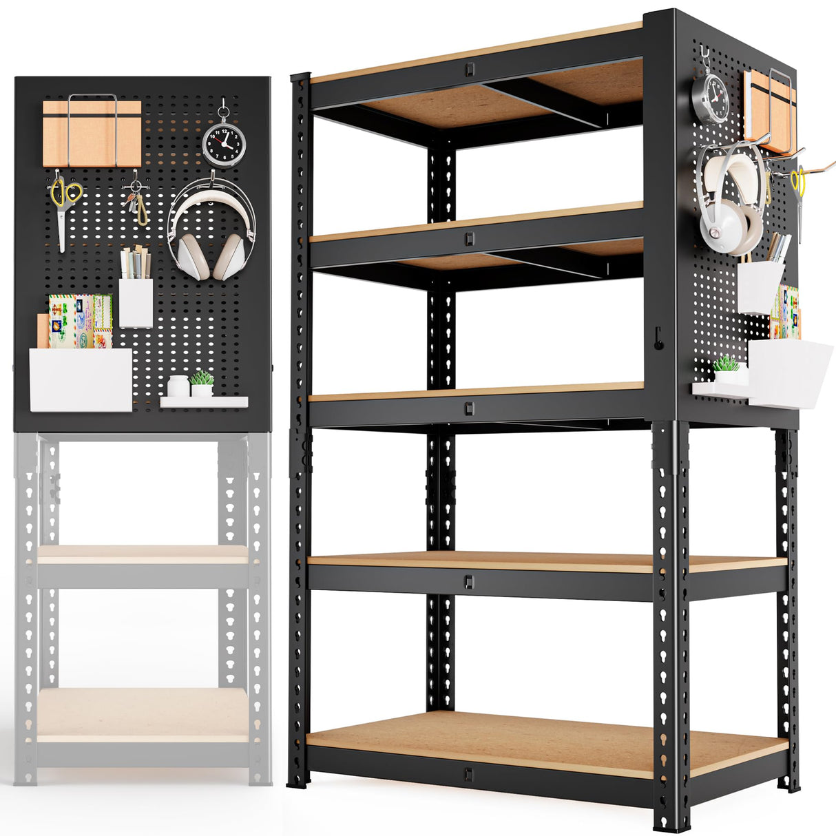 MAXLEAD Home Storage Shelves 5 Tier Garage Shelving Adjustable Garage Shelves 2100LBS Metal Shelving Unit with Metal Pegboard for Basement, Warehouse, Pantry, Kitchen. 60''H*11.8''D*27.5''W, Black MAXLEAD