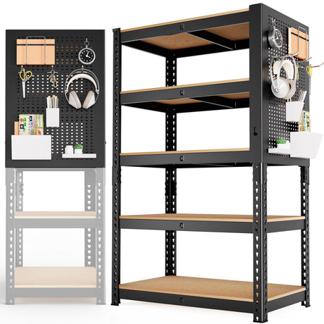 MAXLEAD Home Storage Shelves 5 Tier Garage Shelving Adjustable Garage Shelves 2100LBS Metal Shelving Unit with Metal Pegboard for Basement, Warehouse, Pantry, Kitchen. 60''H*11.8''D*27.5''W, Black MAXLEAD