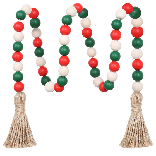 Christmas Wood Bead Garland,39in Farmhouse Beads with Tassels Christmas Tiered Tray Decor Wall Hanging Home Ornaments for Christmas Tree Decorations