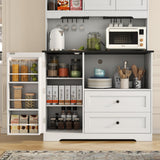 Kitchen Pantry Storage Cabinet,Freestanding Buffet Cabinet with Wine Glass Holder and 2 drawers,Food Pantry with Doors and Shelves,Tall Kitchen Hutch with Microwave Stand for Kitchens(White+Black) Gyfimoie