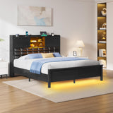 Rolanstar Bed Frame Queen Size with Charging Station, Bookcase Headboard Bed with LED Light and Sliding Doors, Platform Bed with Wooden Slats, No Box Spring Needed, Noise Free, Black Rolanstar