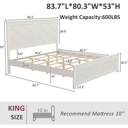 King Size Platform Bed with Tall Headboard & Footboard, Solid Wood King Bed Frame with Farmhouse Rustic Design,Wood Slats Support, No Squeak, No Box Spring Needed,Antique White - WoodArtSupply