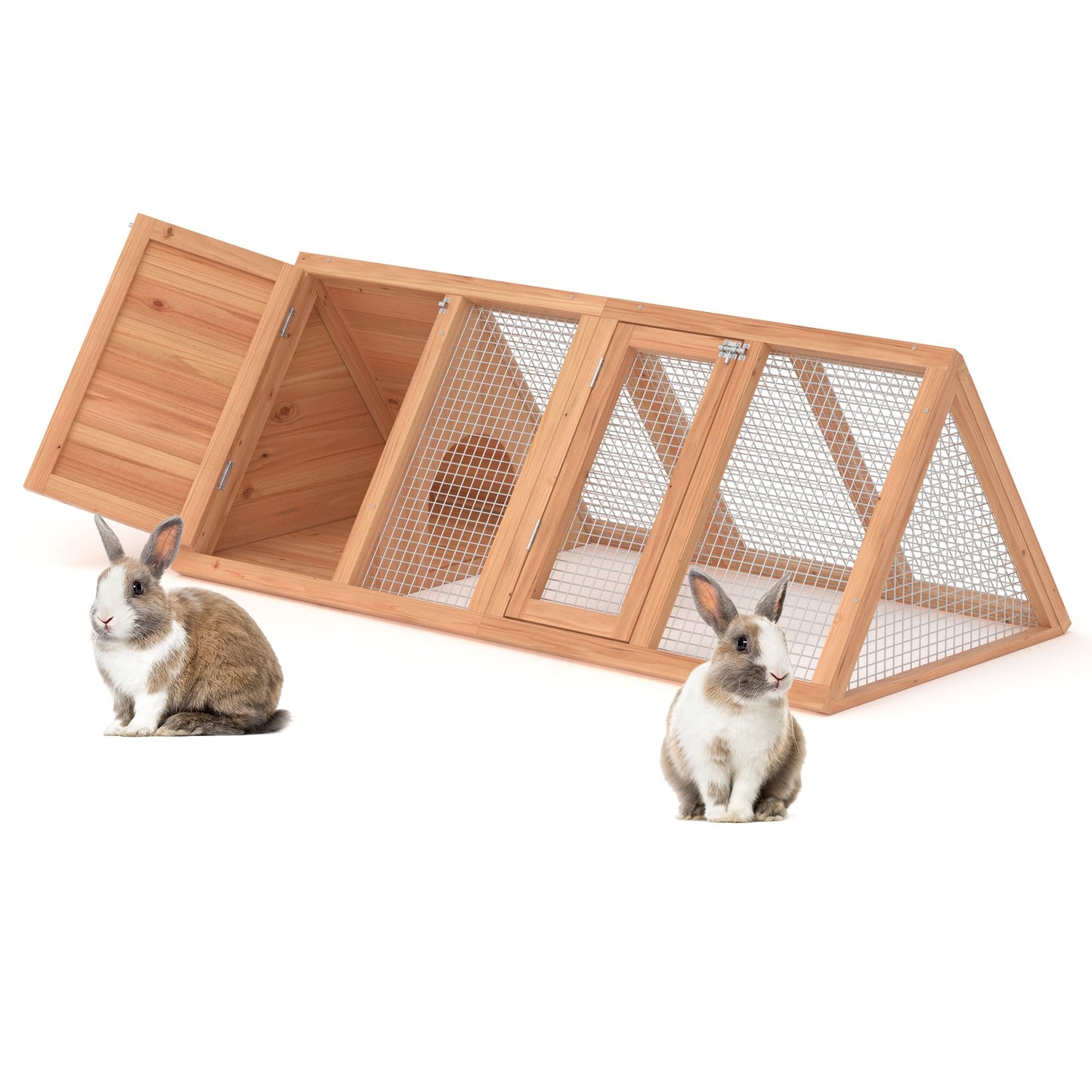 Rabbit Hutch, Small Chicken Coop Outdoor A-Frame Quail Cage with 2 Door & Run Cage Wooden Triangle Quail Hutch with Ventilating Wire Poultry Hutch for Small Animal (Wood)