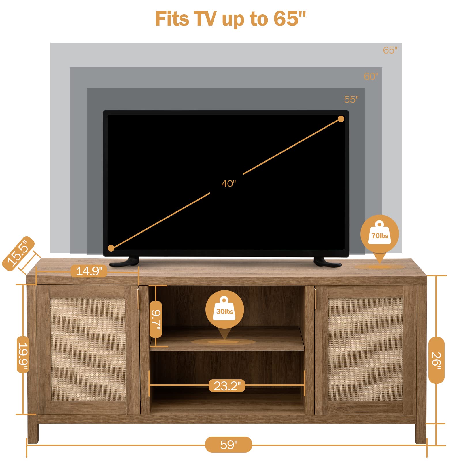 SICOTAS TV Stand for Living Room : Rattan TV Console Cabinet with Storage and Shelf, Boho Entertainment Center, 59" Media Console for 55, 65 Inch TV, 26" Tall Wood Television Stands, Oak - WoodArtSupply