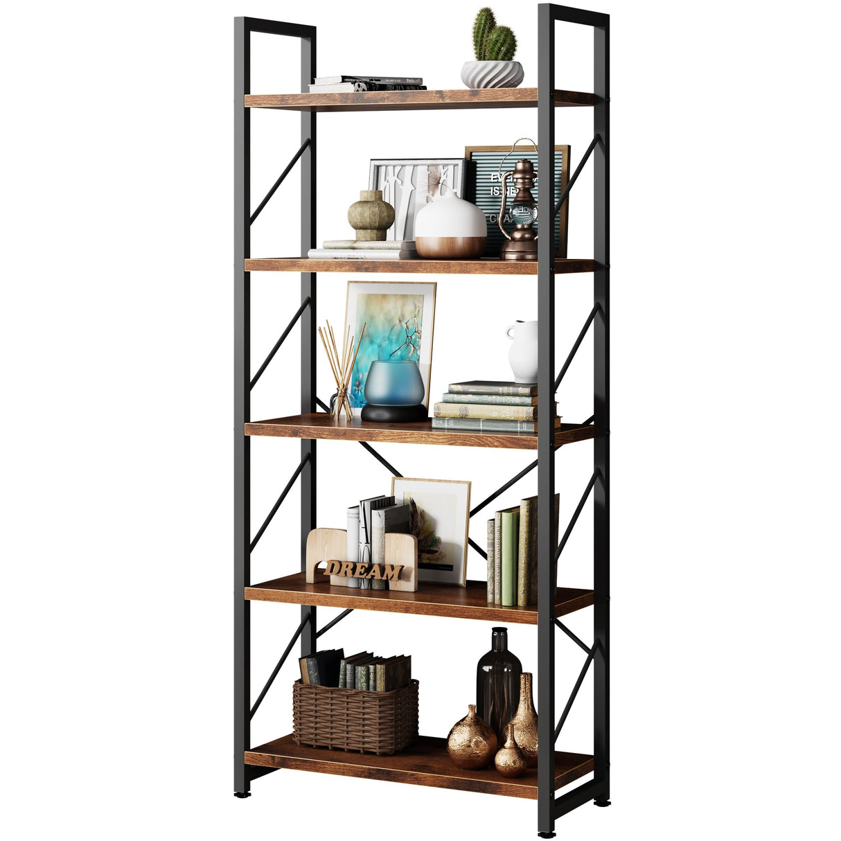 Walsunny Bookshelf, 5 Tier Bookshelves, Home Office Bookcase Shelf Storage Organizer, Free Standing Storage Shelving Unit for Bedroom, Living Room and Home Office,Rustic Brown Shintenchi