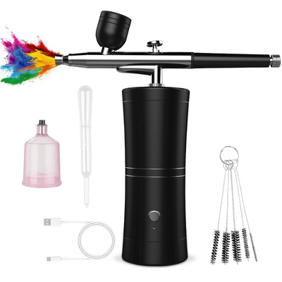 AYYHG Cordless Rechargeable Airbrush Kit with Compressor - Adjustable High-Pressure Non-Clogging 0.3mm Nozzle Complete Set for Nail Art, Cake Decor, Barber, Model Painting & Makeup (Black)