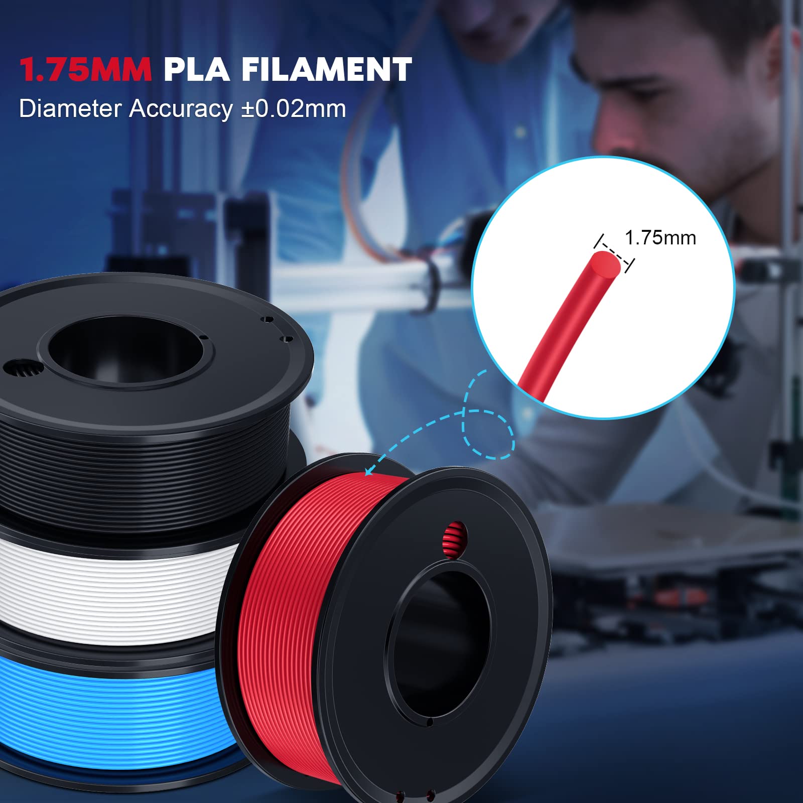 FAHKNS 3D Printer Filament PLA 1.75mm 3-D Printing Materials 5 Colors Bundle Print Filimate 1.75 mm White Black Red Blue Purple Filiment1.75 Accuracy ±0.02mm Fillament Spool Vacuum Pack 250G  - WoodArtSupply