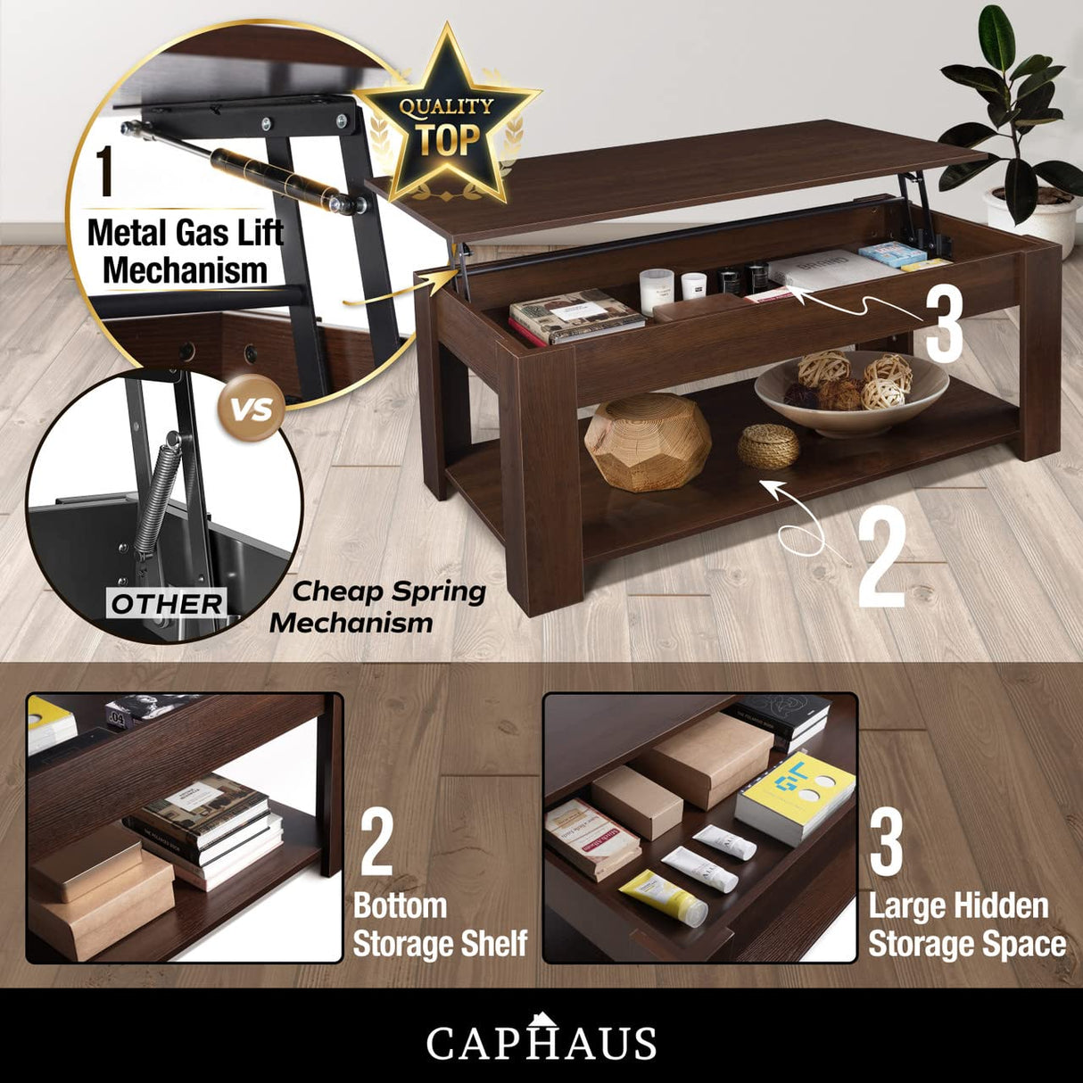 CAPHAUS 47' Natural Oak Lift Top Coffee Table with Storage, 110 lbs Capacity, 11 lbs Lifted CAPHAUS