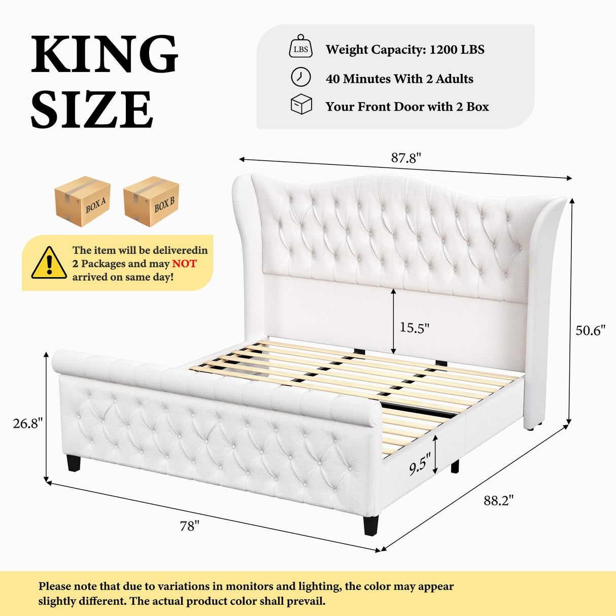 koorlian King Size Platform Bed Frame,Upholstered Bed Modern,Sleigh Bed with 51 inch Tall Headboard Footboard,Platform Chenille Bed Luxury,Button Tufted,Sturdy Wood Slats Support,Cream koorlian