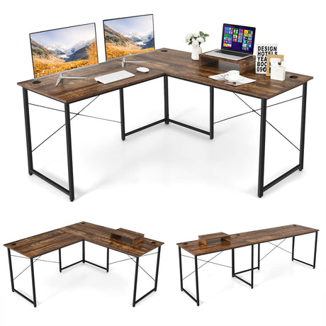 Tangkula L-Shaped Computer Desk, 95 Inch Reversible Corner Desk with Monitor Stand & 3 Cable Holes, 2-Person Long Study Writing Desk, Large Home Office Gaming Writing Workstation (Rustic Brown) Tangkula