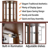 Lighted Curio Cabinet Corner Display Case for Living Room, China Hutch with Tempered Glass Doors and Shelves, Wooden Accent Cabinet, Bar and Liquor Storage Area(E26 light bulb not included) (Walnut) Majnesvon