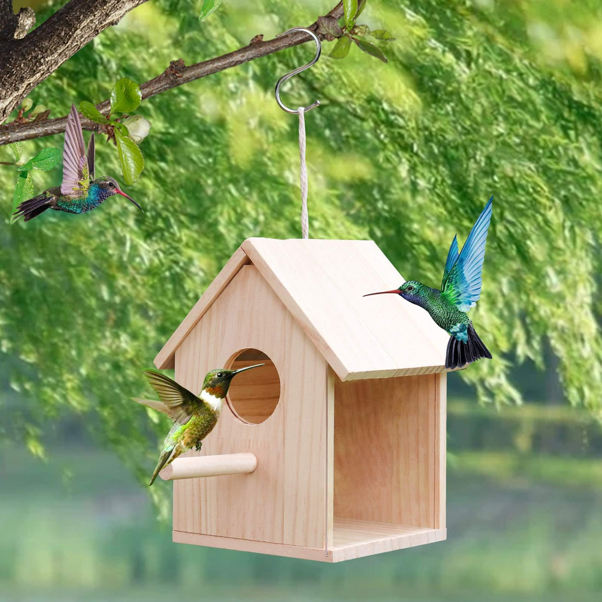 Bird House for Outside, Outdoor Wooden Birdhouse with Transparent Acrylic Window, Bird Nest Box with Pole for Garden Patio, Hanging Birdhouse for Sparrow Hummingbird Finch 5.7 × 5.7 × 8.7 Inches Oooct