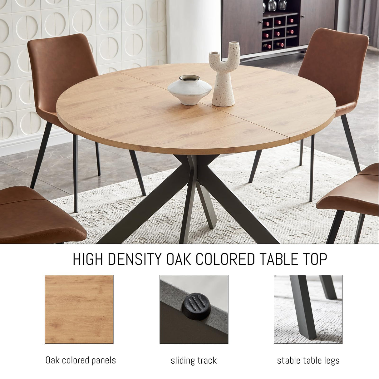 Zerifevni 46.4" Round Dining Table Set, Mid Century Modern Round Dining Table for 4-6 Person, w/Steel Legs, Coffee Table for Kitchen Dining Room, Office, Save Space (1 Table with 4 Brown Chairs) Zerifevni