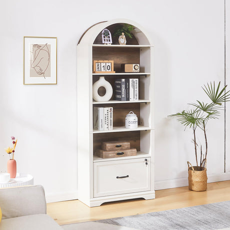 5 Tiers Farmhouse Arch Bookshelf with Lockable Drawers,70”Tall Bookshelf with Adjustable File Cabinet,Vintage Arch Bookcase for Home Office (White) LayBurst