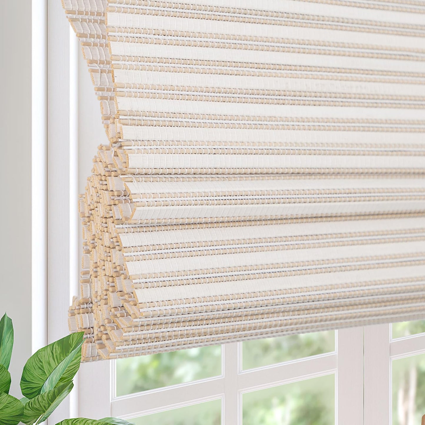 Comzone Blinds Cordless Blackout Bamboo Shades - Modern White Natural Woven Roman Blinds for Easy Installation and Room Darkening - WoodArtSupply