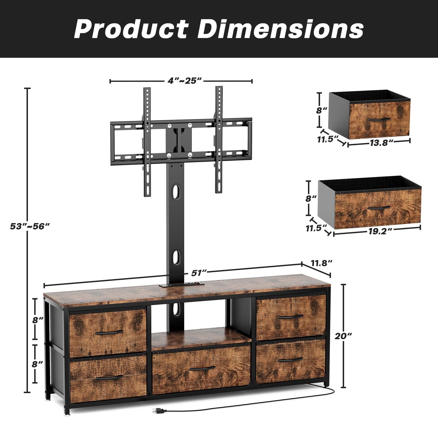 MJOMKN TV Stand with Mount and Fabric Drawers, Swivel TV Stand Mount for 32/40/55/60/65/70 inch TVs, Entertainment Center with Power Outlet and Storage for Living Room, Bedroom, Rustic Brown