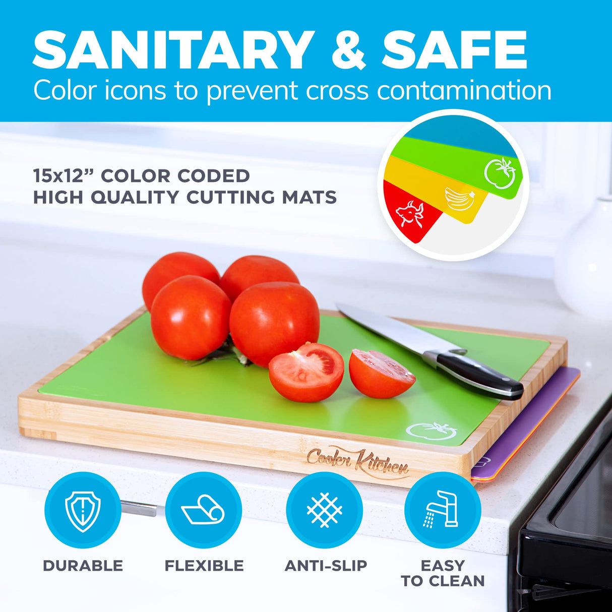 Bamboo Cutting Board Set - Easy-to-Clean Wood Cutting Board Set with 6 Color-Coded Flexible Plastic Cutting Boards with Food Icons - Wooden Cutting Boards For Kitchen - Wooden Chopping Board Set Cooler Kitchen