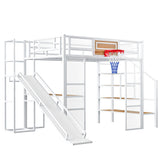 Full Size Loft Bed with Slide and Staircase, Metal Loft Bed Frame with Desk and Basketball Hoop, Loft Full Bed for Boys Teens, White RuiSiSi