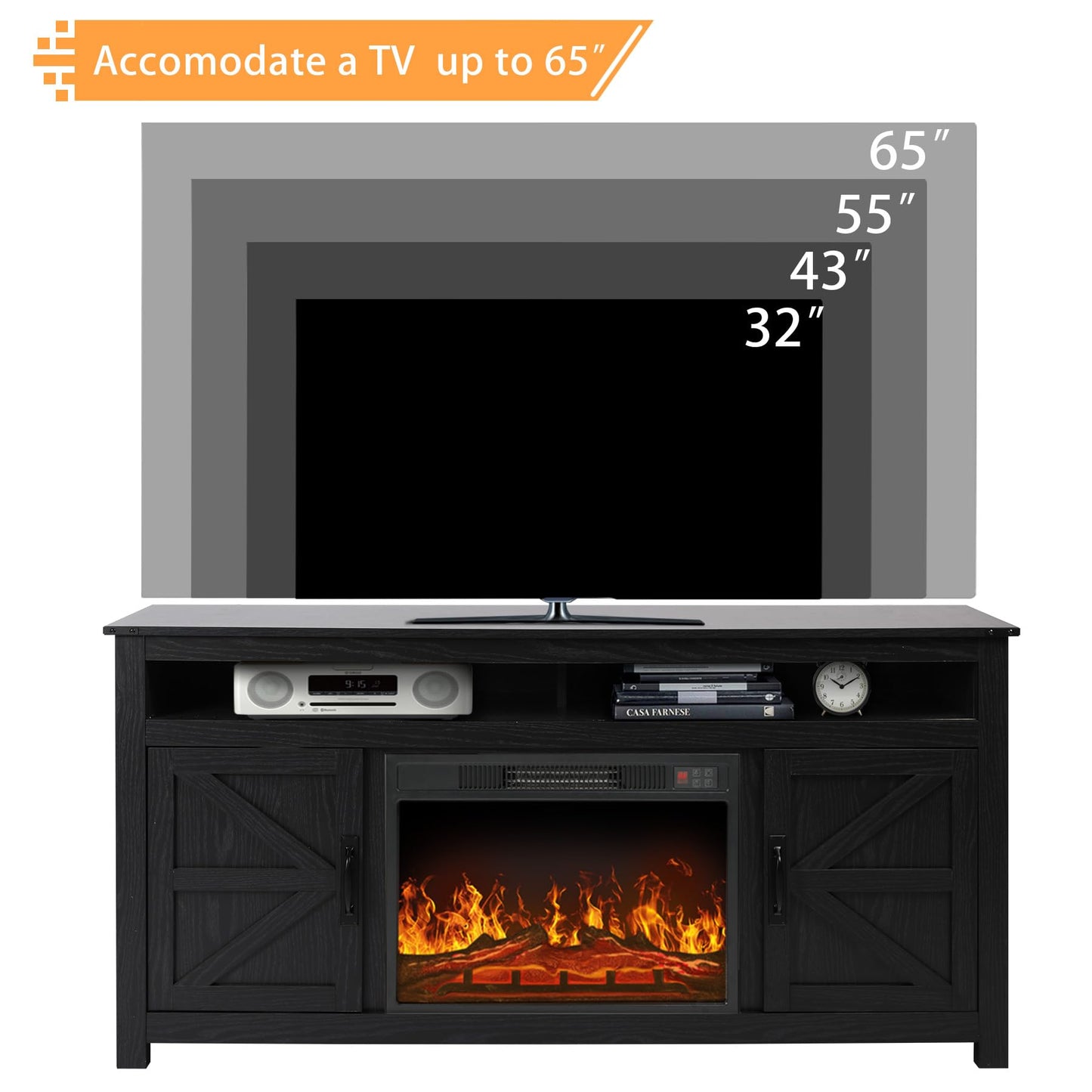 FUNKOCO Fireplace TV Stand for TVs Up to 65”, Farmhouse 59" Barn Door Fireplace Entertainment Center with 2 Storage Cabinets & 2 Opened Shelves for Living Room(Gray)