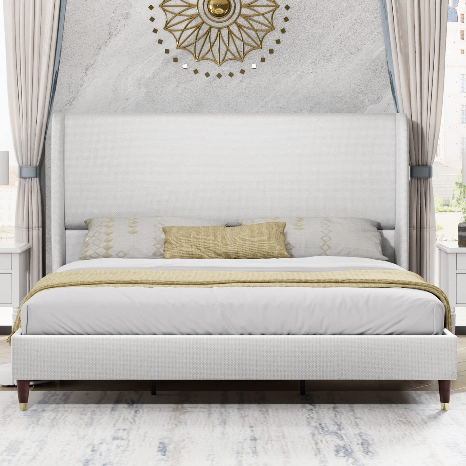 PaPaJet King Platform Bed Frame 51.2" High Headboard Tall Upholstered Bed/No Box Spring Required/Wood Slat Support/Easy Assembly White PaPaJet