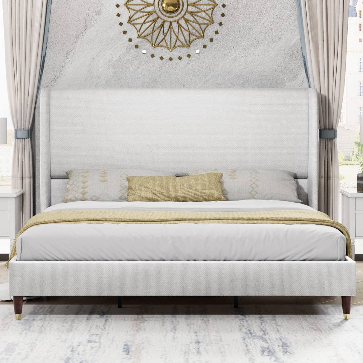 PaPaJet King Platform Bed Frame 51.2" High Headboard Tall Upholstered Bed/No Box Spring Required/Wood Slat Support/Easy Assembly White PaPaJet
